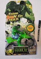 Front view of sealed Zoom 'N' Go Hulk motorcycle toy on card