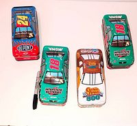 Top view of four NASCAR car-shaped tins