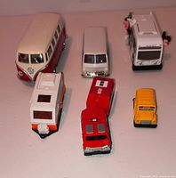 Top view of six diecast vehicles showing colours and types