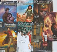 Front view of all seven Serenity comic books included in lot