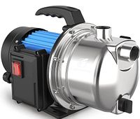 Side view of stainless steel garden pump with handle and blue cooling fins