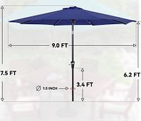Size diagram of 9-ft navy umbrella with pole dimensions