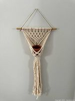 Full view of macrame hanger with pot on wall