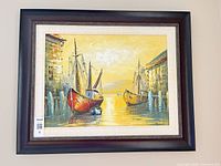 Frontal view of framed oil painting showing entire composition and framing details