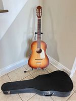 Full view of guitar on stand with case