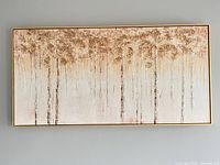 Full view of the framed painting showing abstract tree design and dimensions context