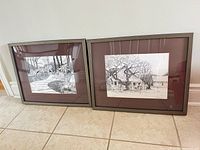 Both framed ink drawings side by side on floor
