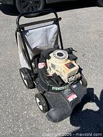 Front view of Garden Way Chipper/Vac showing engine, deck, wheels, and collection bag