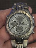 Front view of Citizen chronograph showing dial, bezel, sub-dials, markers