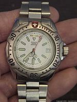 Front view showing dial, bezel, logo, date window