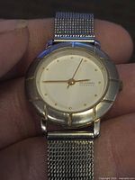 Front close-up showing dial, case and mesh band attachment