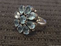 Front view showing blue pear-cut stones and sterling setting