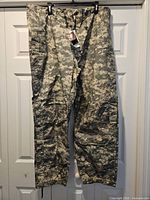 Front view of pants hanging, full length