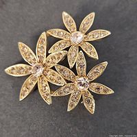 Front view of gold-tone triple-flower rhinestone brooch