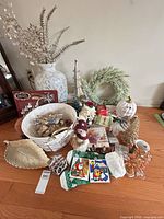Overview of all holiday decor items on floor