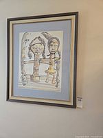 Front view of framed artwork showing image, mats and frame with dimension tag visible