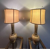 Full view of both lamps illuminated, showing bases and shades