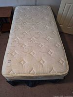 Top view of cream floral twin mattress on box spring