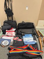 Overview of all luggage pieces, bags, flags, strap, ice packs, cylindrical cases