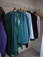 Garments hanging on closet rod showing variety of colours and types