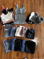 Overview of tops, activewear set, beanies, jeans