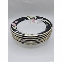 Stack of six matching plates showing rim pattern