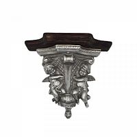 Front view of ornate silver cast aluminum wall shelf with cherub motif and dark wood-tone top