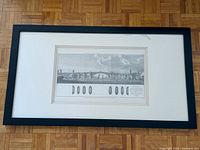 full view of framed etching showing frame, mat, and overall size