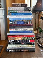 Full stack of twenty French-themed books on floor