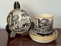 cup with four saucers and separate displayed saucer showing pattern