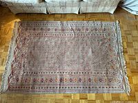 Full view of rug showing overall pattern and fringe