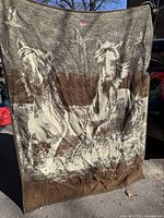 Full view of woven horse throw blanket hanging outdoors