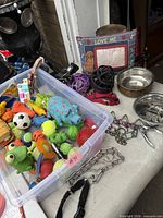 overview of bin with toys, muzzles, bowls, collars, pillow