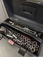 Toolbox top tray with sockets, ratchet, tape measure