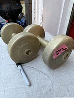 Pair of beige 5 lb dumbbells on table with marker for scale