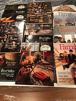 Ten print magazines laid out in rows on plastic sheet: six Lee Valley catalogs and four Focus on the Family magazines dated 2004-2006