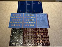 Overall lot with blue folders, red cents album, Slip-E-Z holder and coins