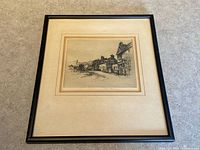 Full view of framed etching with mat and frame