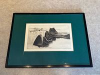 Full view of framed etching with green mat and black frame