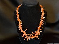 Full view of coral branch bead necklace on display bust