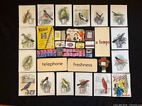 Overview of complete lot showing Singer bird prints bordering central advertising and booklet items