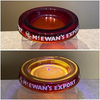 Composite side and angled top views showing full ashtray, amber glow, printed McEwan’s Export branding