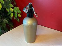 Front view of gold Sparklets soda siphon showing black and chrome head