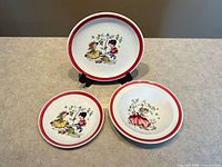 Front view of all three dish pieces displaying pattern and red rims