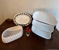 All four items: tiered stand, Myott platter, faceted dish, potted flowers