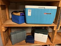 All five coolers and lunch bags on shelving