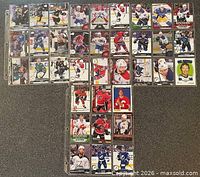 Spread of binder pages showing multiple hockey cards