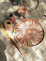 Group shot showing tray, stool, two gourd vases and walking stick