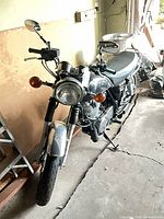 Front three-quarter view of Yamaha SR motorcycle