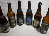 Front view of all six empty Game of Thrones Ommegang beer bottles